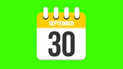 September 30. Cartoon style calendar. Cartoon style calendar with date and month name on green chroma key background. 4k.