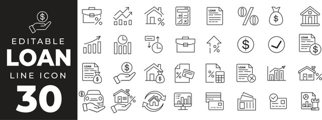 Loan set of web icons in line style. Loan and Credit linear icon collection. Containing loan, money, credit rating, business, leasing, interest, calculator, income, banking and more. Editable stroke