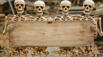 Four Skeletons Holding Wooden Sign  Halloween  Autumn  Decoration  Party