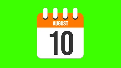 August 10. Cartoon style calendar. Cartoon style calendar with date and month name on green chroma key background. 4k.