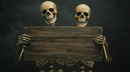 Two Skeletons Holding Rustic Wooden Sign  Halloween  Dark Background  Spooky  Horror  Deat