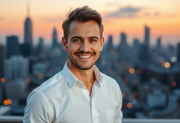Obraz premium Portrait of a male engineer standing in front of a city skyline at sunset