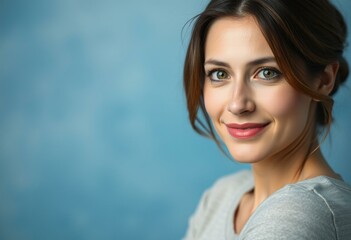 Fototapeta premium Half-length portrait of a 30-year-old female with a gentle smile and a subtle hint of sadness in her eyes.