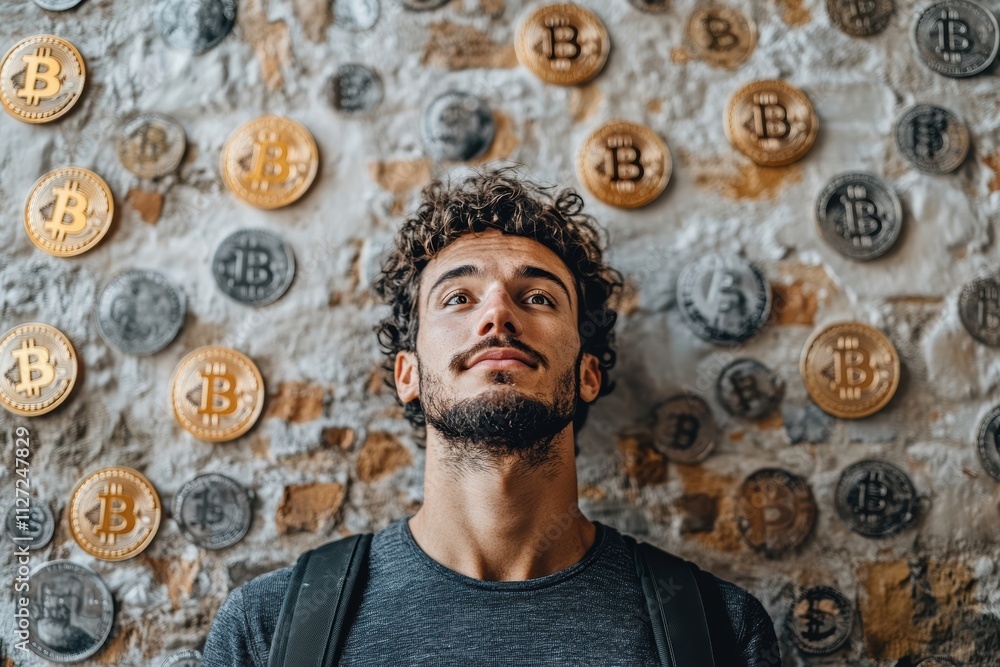 Poster minimalist design showcasing a man surrounded by bitcoin and dollar icons on a white background, ide