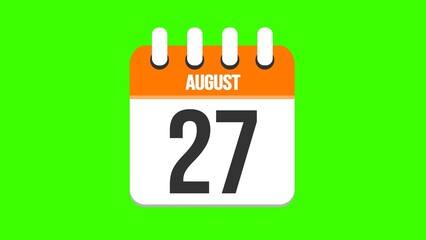 August 27. Cartoon style calendar. Cartoon style calendar with date and month name on green chroma key background. 4k.