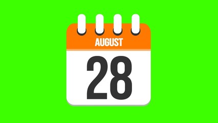 August 28. Cartoon style calendar. Cartoon style calendar with date and month name on green chroma key background. 4k.