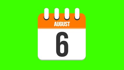 August 6. Cartoon style calendar. Cartoon style calendar with date and month name on green chroma key background. 4k.