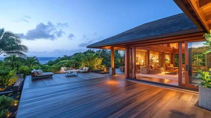 Obraz premium Luxurious villa terrace with ocean view at twilight