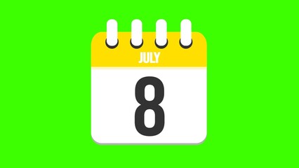 July 8. Cartoon style calendar. Cartoon style calendar with date and month name on green chroma key background. 4k.