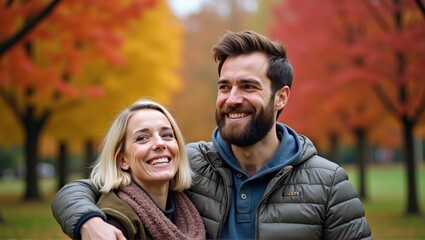 Fototapeta premium A charming family portrait in a park during autumn, with parents and their child surrounded by vibrant fall foliage. Generative, AI