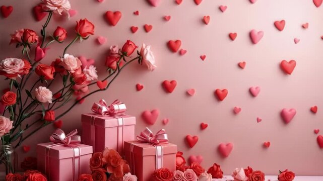 A pink wall with a bunch of red roses and hearts. There are three pink boxes on the wall