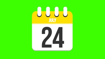 July 24. Cartoon style calendar. Cartoon style calendar with date and month name on green chroma key background. 4k.