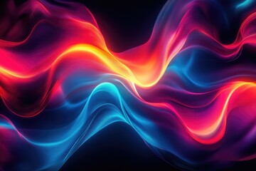 Abstract art featuring vibrant red, blue, and yellow flowing waves against a dark background.