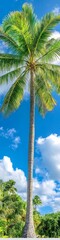 Fototapeta premium Tall palm tree swaying gently against a bright blue sky with scattered clouds in a tropical setting
