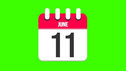 June 11. Cartoon style calendar. Cartoon style calendar with date and month name on green chroma key background. 4k.