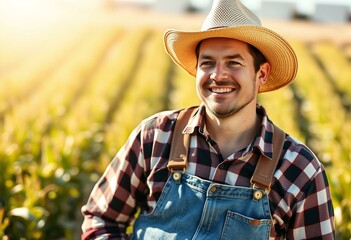 A smiling farmer in a sunny field, with a warm and relaxed expression
