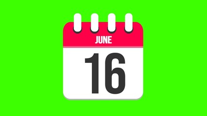 June 16. Cartoon style calendar. Cartoon style calendar with date and month name on green chroma key background. 4k.