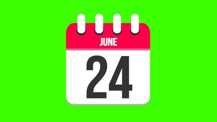 June 24. Cartoon style calendar. Cartoon style calendar with date and month name on green chroma key background. 4k.