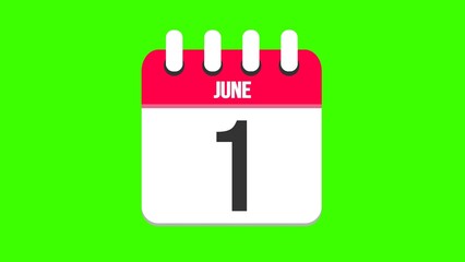 June 1. Cartoon style calendar. Cartoon style calendar with date and month name on green chroma key background. 4k.