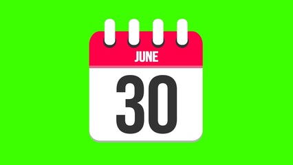 June 30. Cartoon style calendar. Cartoon style calendar with date and month name on green chroma key background. 4k.