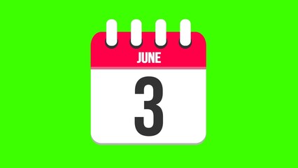June 3. Cartoon style calendar. Cartoon style calendar with date and month name on green chroma key background. 4k.