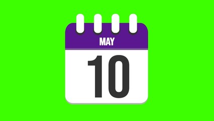 May 10. Cartoon style calendar. Cartoon style calendar with date and month name on green chroma key background. 4k.
