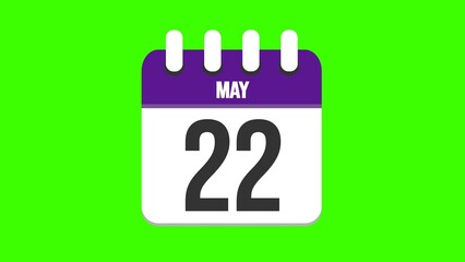 May 22. Cartoon style calendar. Cartoon style calendar with date and month name on green chroma key background. 4k.