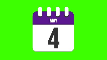 May 4. Cartoon style calendar. Cartoon style calendar with date and month name on green chroma key background. 4k.