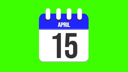April 15. Cartoon style calendar. Cartoon style calendar with date and month name on green chroma key background. 4k.