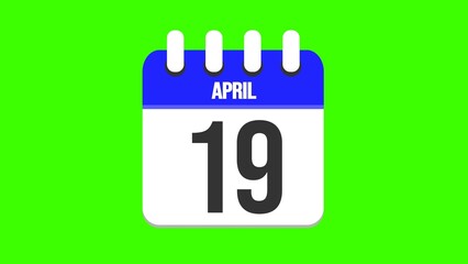 April 19. Cartoon style calendar. Cartoon style calendar with date and month name on green chroma key background. 4k.