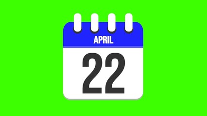April 22. Cartoon style calendar. Cartoon style calendar with date and month name on green chroma key background. 4k.