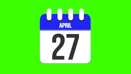 April 27. Cartoon style calendar. Cartoon style calendar with date and month name on green chroma key background. 4k.