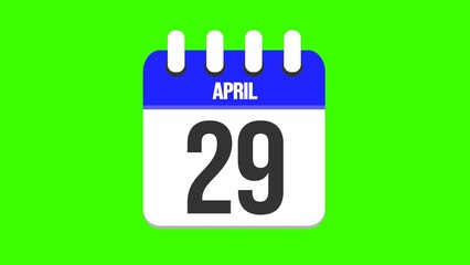 April 29. Cartoon style calendar. Cartoon style calendar with date and month name on green chroma key background. 4k.