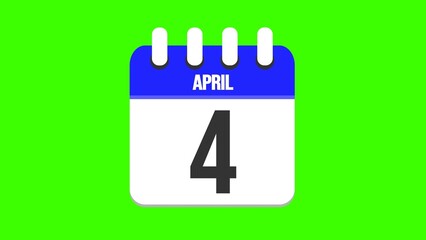 April 4. Cartoon style calendar. Cartoon style calendar with date and month name on green chroma key background. 4k.