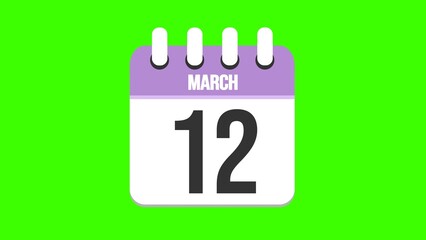 March 12. Cartoon style calendar. Cartoon style calendar with date and month name on green chroma key background. 4k.