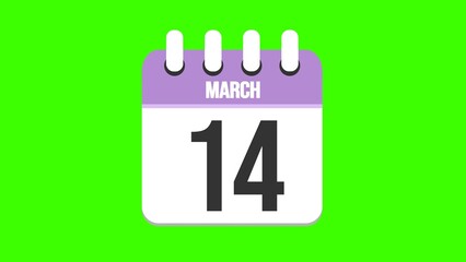 March 14. Cartoon style calendar. Cartoon style calendar with date and month name on green chroma key background. 4k.