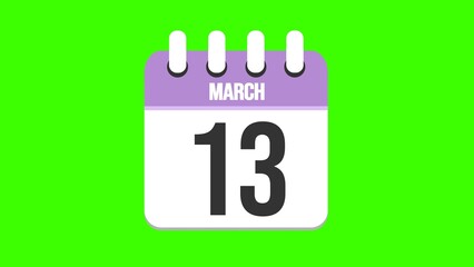 March 13. Cartoon style calendar. Cartoon style calendar with date and month name on green chroma key background. 4k.