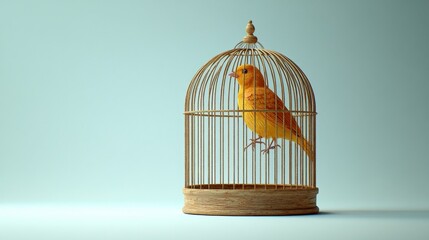 Yellow bird in a wooden cage on a light background