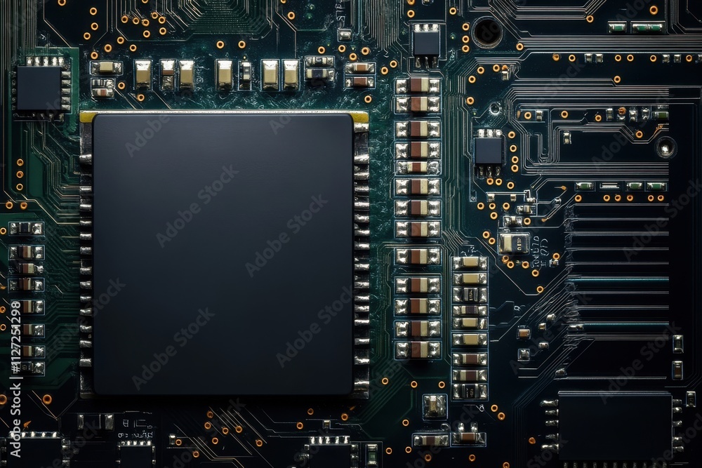 Poster close-up view of a circuit board with a central processing unit on a dark background