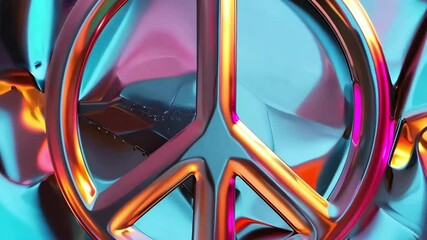 A peace sign made of shiny metal. The peace sign is surrounded by a blue and purple background - Powered by Adobe