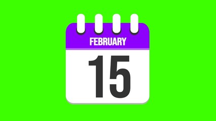 February 15. Cartoon style calendar. Cartoon style calendar with date and month name on green chroma key background. 4k.