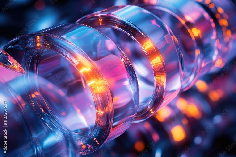 Poster abstract image of vibrant, glowing glass rings spiraling, creating a dynamic and colorful compositio