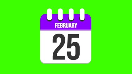 February 25. Cartoon style calendar. Cartoon style calendar with date and month name on green chroma key background. 4k.