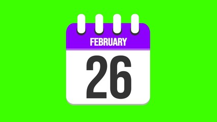 February 26. Cartoon style calendar. Cartoon style calendar with date and month name on green chroma key background. 4k.