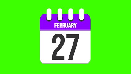 February 27. Cartoon style calendar. Cartoon style calendar with date and month name on green chroma key background. 4k.