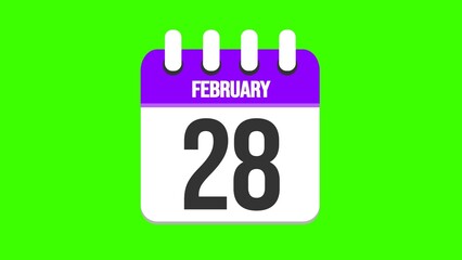 February 28. Cartoon style calendar. Cartoon style calendar with date and month name on green chroma key background. 4k.