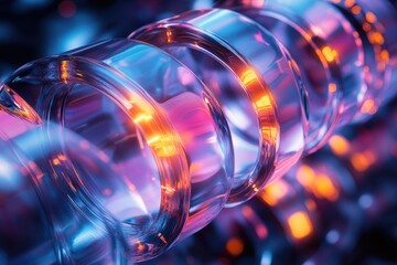 Abstract image of vibrant, glowing glass rings spiraling, creating a dynamic and colorful composition.