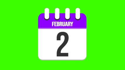 February 2. Cartoon style calendar. Cartoon style calendar with date and month name on green chroma key background. 4k.
