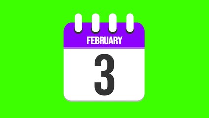 February 3. Cartoon style calendar. Cartoon style calendar with date and month name on green chroma key background. 4k.