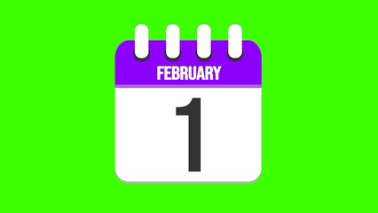 February 1. Cartoon style calendar. Cartoon style calendar with date and month name on green chroma key background. 4k.